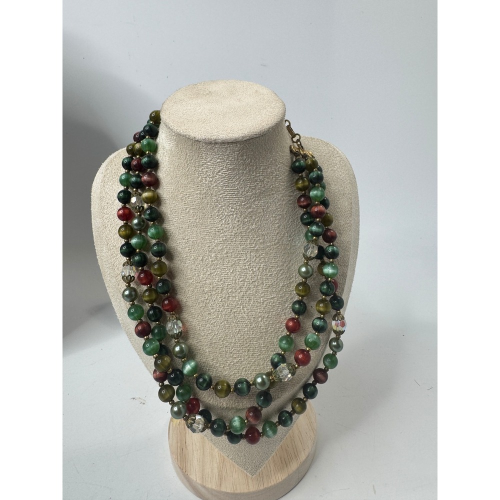 Vintage Lisner Triple Strand Cats Eye Bead Necklace Green Red Gold Tone Hook